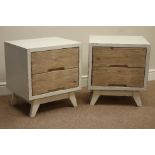 Pair rustic waxed paint finish and reclaimed pine two drawer bedside chests, W50cm, H56cm,