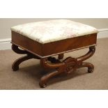 Victorian carved walnut stool with upholstered hinged top, curved x-shaped base, W60cm, H41cm,