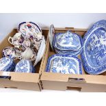 Victorian 'Gaudy Welsh' pattern teaware, pair of 19th Century Willow pattern tureens, meat plate,