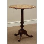 Victorian walnut circular table with inlaid chess board on later tripod base, D55cm,
