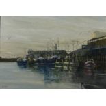 'Early Morning Scarborough Harbour West Pier', 20th century oil on canvas board signed by A.