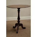 George III mahogany oval top tripod table, on later turned base with three splayed legs,