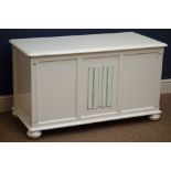 Early 20th century white painted oak blanket box, with linen fold panelled front,
