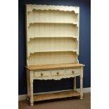 Painted and stripped pine kitchen dresser, three drawer above undertier,
