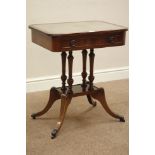 Reproduction mahogany lamp table, leather inset top, single drawer, W59cm, H68cm,