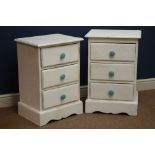 Pair painted pine three drawer bedside chests with ceramic handles, W46cm, D35cm,