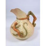 Early 20th Century Royal Worcester blush ivory basket weave effect jug mounted with lizard,