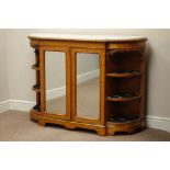 Victorian walnut marble break front credenza, inset marble top, curved ends with shelves,