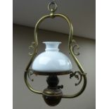 Hanging brass oil lantern with glass shade and funnel Condition Report <a