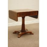 19th century rosewood drop leaf sofa table, with frieze drawer, on carved column, brass stringing,