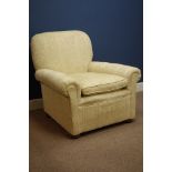 20th century beech framed armchair, turned bun feet, upholstered in gold damask fabric,