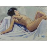 Reclining Nude, watercolour signed by J. Gaspar Romero (Spanish 1920-), 35.5cm x 48.