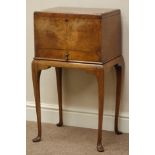 Early 20th century figured walnut work box, hinged lid with padded interior, single drawer,