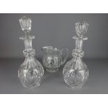 Pair of Edwardian heavy cut glass decanters,