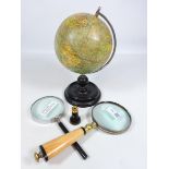 20th century Philip's 6in Terrestrial Globe, on turned ebonised base, H27cm,