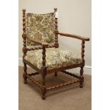 Early 20th century oak armchair, barley twist frame with carved detail to arms,