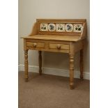 Stripped pine wash stand, tiled splash back, two drawers, on turned supports, W92cm, H99cm,