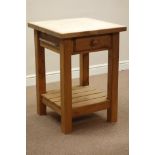 Beech two tier butchers block with drawer on square supports, W60cm, D60cm,
