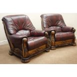 Carved medium oak framed three piece lounge suite - three seat sofa (W210cm),