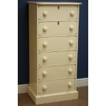 Cream finished pine narrow six drawer pedestal chest, W56cm, H120cm,