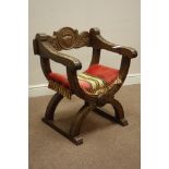 Carved beech x-shaped thrown chair with seat cushion Condition Report <a
