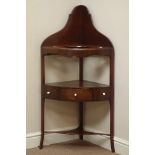George III mahogany corner washstand, with drawer, high shaped back, W58cm,