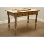 Victorian pine side table, two drawers, on turned supports (W115cm, H76cm, D60cm),