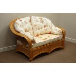 Two seat bamboo and wicker conservatory sofa with upholstered loose cushions,