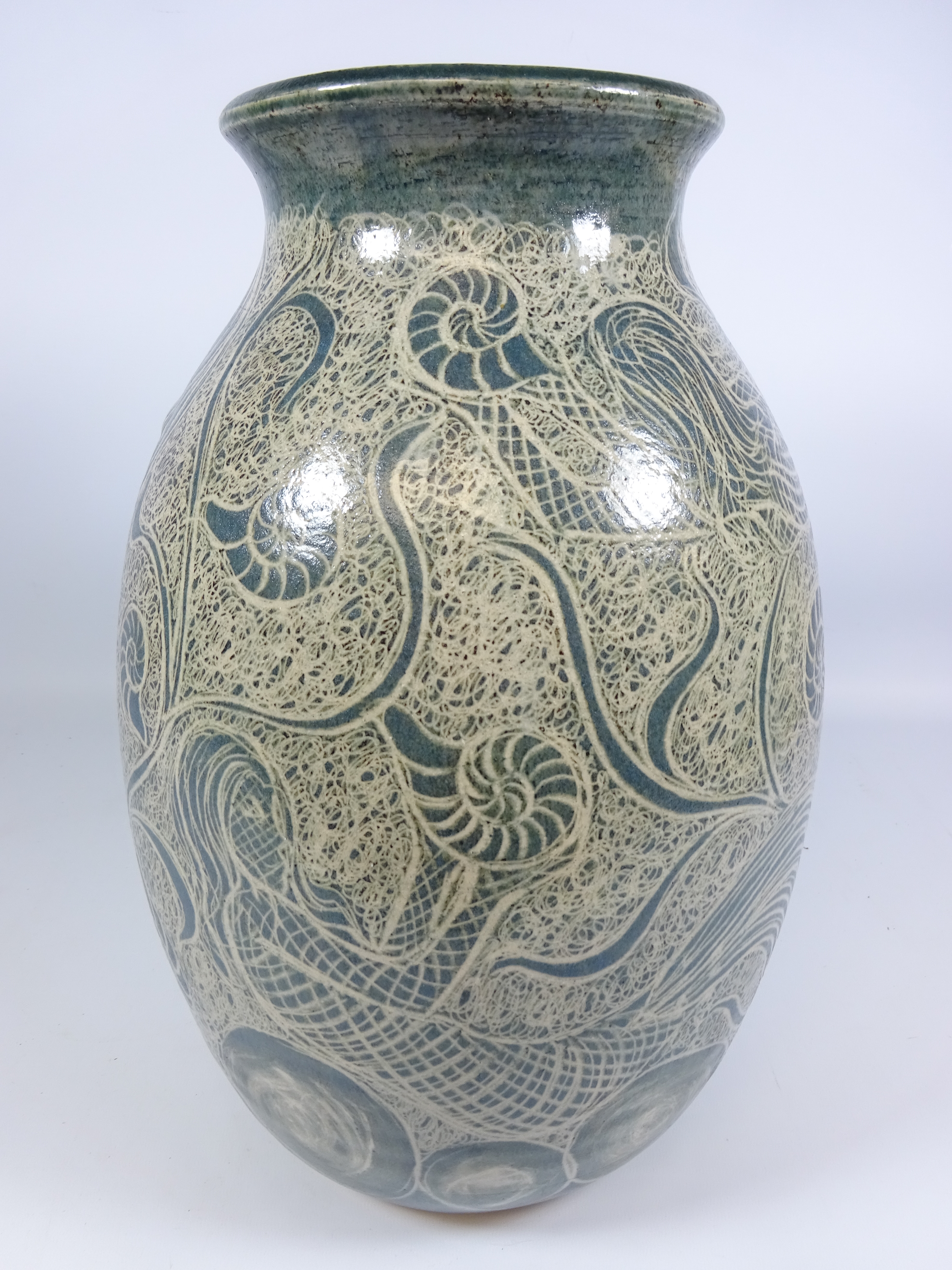 Large studio pottery vase decorated with crustaceans and mermaids,