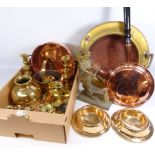 Copper creamer, pair of brass chamber sticks, pair of brass candlesticks, Eastern brass planter,