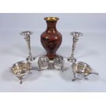 Pair of silver posy vases, pair of salts,