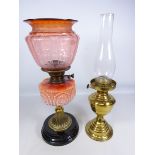 Victorian oil lamp with opaque glass reservoir with a similar coloured etched glass shade,