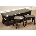 Rectangular medium oak stretcher stool and two other small 19th century stools Condition