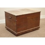 20th century stained pine blanket box with hinged lid, wrought metal carrying handles, W78cm, H52cm,