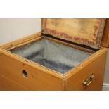 Victorian polished pine ice box, hinged lid with interior metal lined compartment, on turned feet,