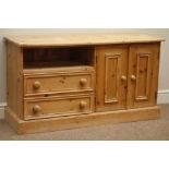 Solid pine side cabinet fitted with double cupboard and two drawers, W115cm, H63cm,