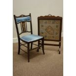 Edwardian inlaid bedroom chair and an early 20th century oak fire screen with needle work panel