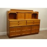 Nathan teak wall unit, four drawers and three cupboards, raised double cupboard, W153cm, H118cm,