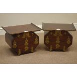 Pair Korean hardwood altar cabinets with fall fronts and engraved brass mounts and fittings, W41cm,