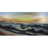 Stormy Seas, 20th century acrylic on canvas board indistinctly signed 59.5cm x 120.