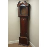 Late 18th century oak longcase clock case, break swan neck pediment above carved detail,