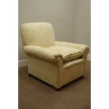 20th century beech framed armchair, turned bun feet, upholstered in gold damask fabric,
