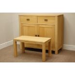 Light oak sideboard, two drawer and double cupboard (W99cm, H87cm, D41cm),