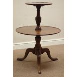 19th century mahogany circular two tier dumb waiter, on turned column, tripod base, D66cm,