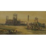 Whitby Abbey with Gypsies watercolour signed and dated 1910 by Frederick William Booty (British