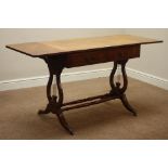 Regency style figured walnut drop leaf sofa table, two drawers,