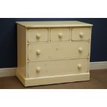 Cream finished pine chest fitted with three short and two long drawers (88cm, H75cm, D55cm),