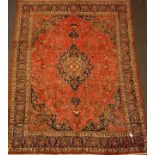 Large Persian Kashan red ground rug carpet, floral field with medallion,