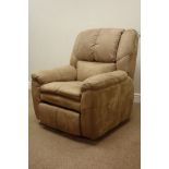 Electric reclining armchair upholstered in brown suede type fabric,