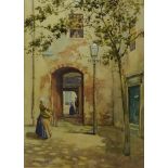 Dutch Courtyard Scene, watercolour signed by James Robertson Miller (British 1880-1912),